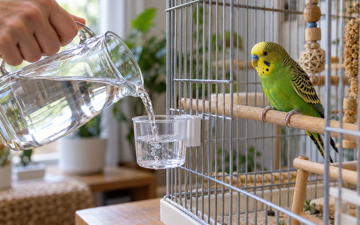 Photorealistic close-up of a person pouring clear still drinking water from a plain glass jug into a