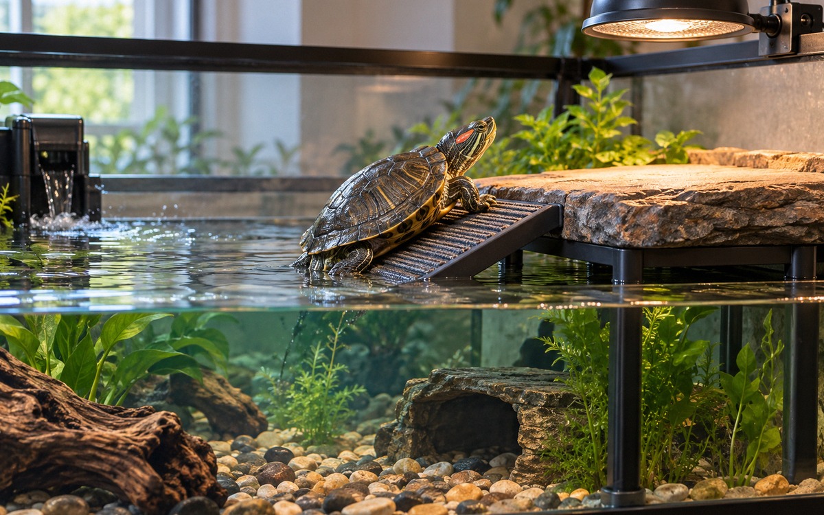 Photorealistic educational photograph inside a home turtle enclosure: a red-eared slider climbs a ge