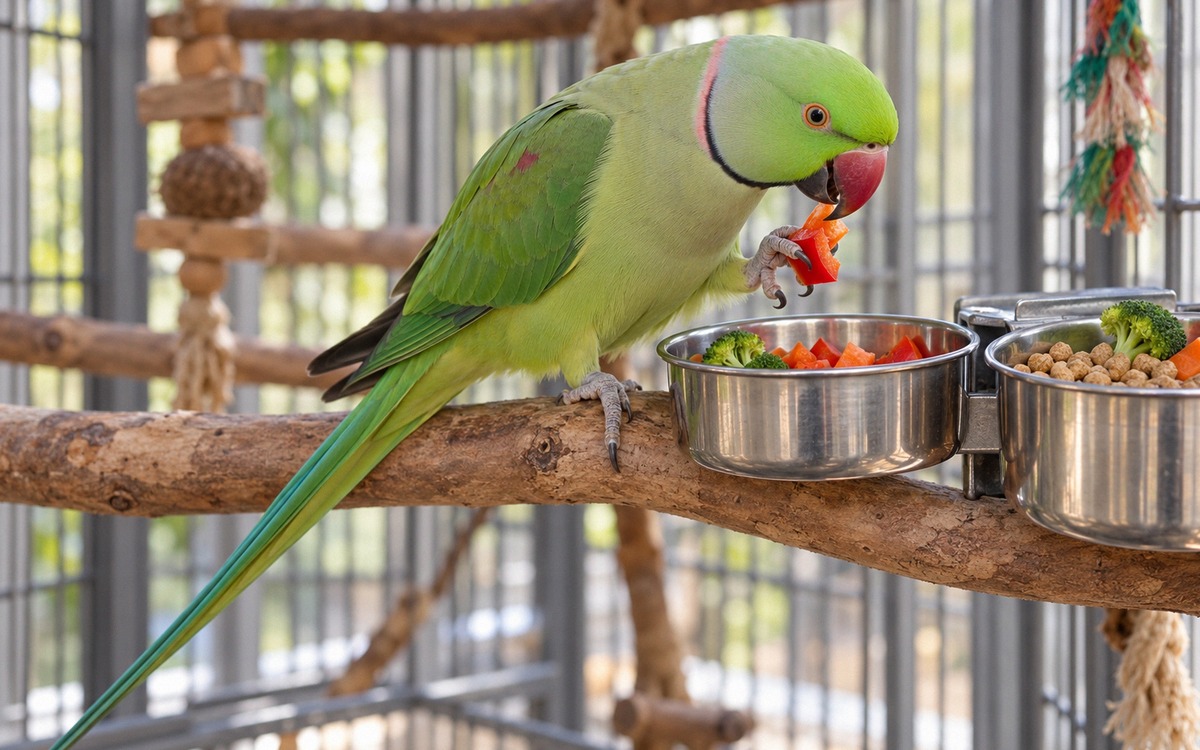 Close-up of a healthy green Indian ringneck parakeet eating a small piece of fresh red bell pepper f
