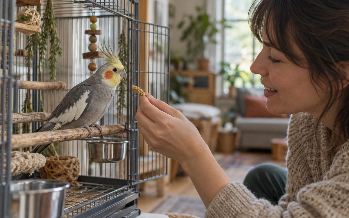 Photorealistic scene of a gentle first word-training session with a pet cockatiel. A relaxed grey co