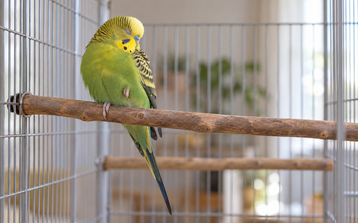 Close view of a healthy green and yellow budgerigar settling to sleep on a securely mounted natural