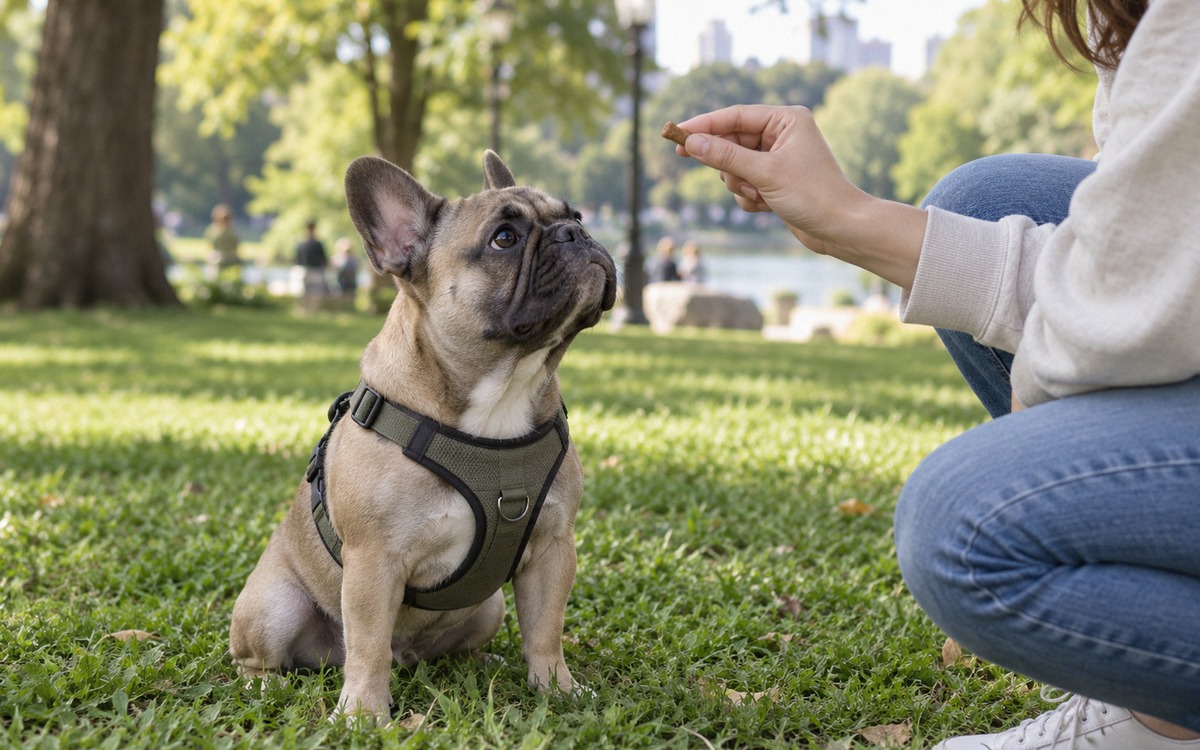 A photorealistic young French Bulldog calmly practicing the sit command with its owner in a quiet ci