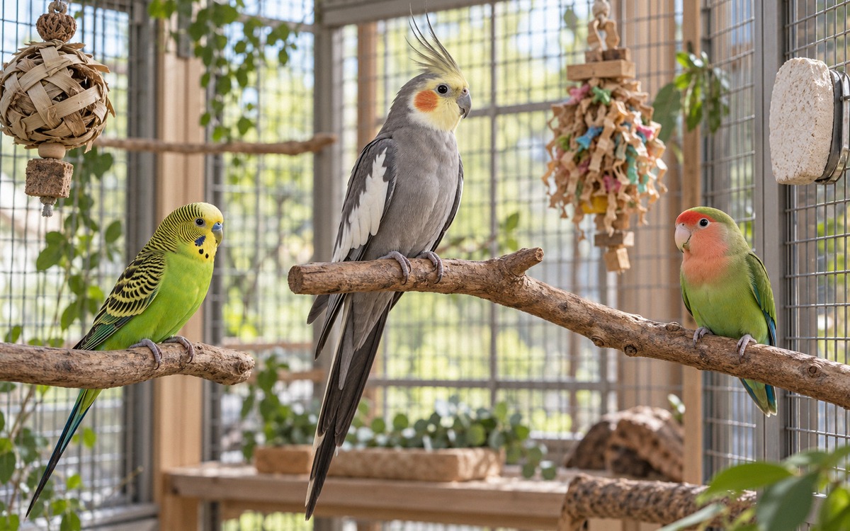 Photorealistic editorial photograph of a calm home aviary with three clearly recognizable pet parrot