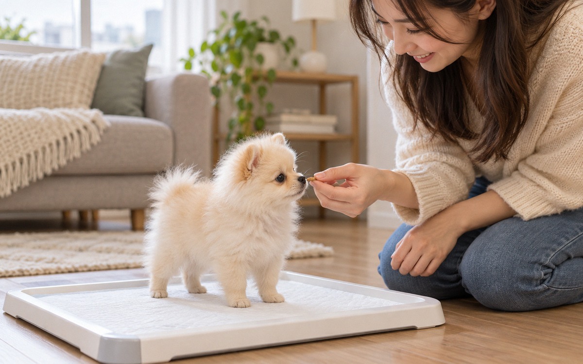 Photorealistic instructional lifestyle photograph: a tiny cream Pomeranian puppy has just finished u