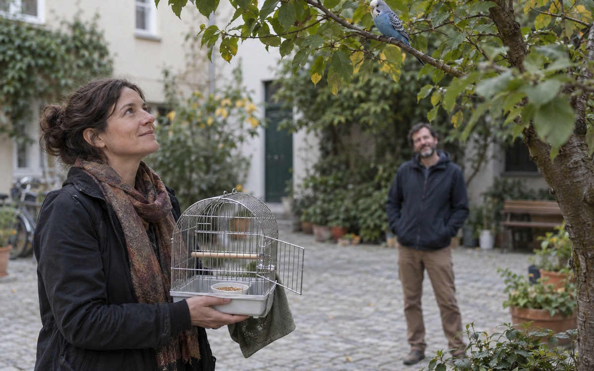 Photorealistic close documentary-style scene of a person calmly holding an open bird cage with famil