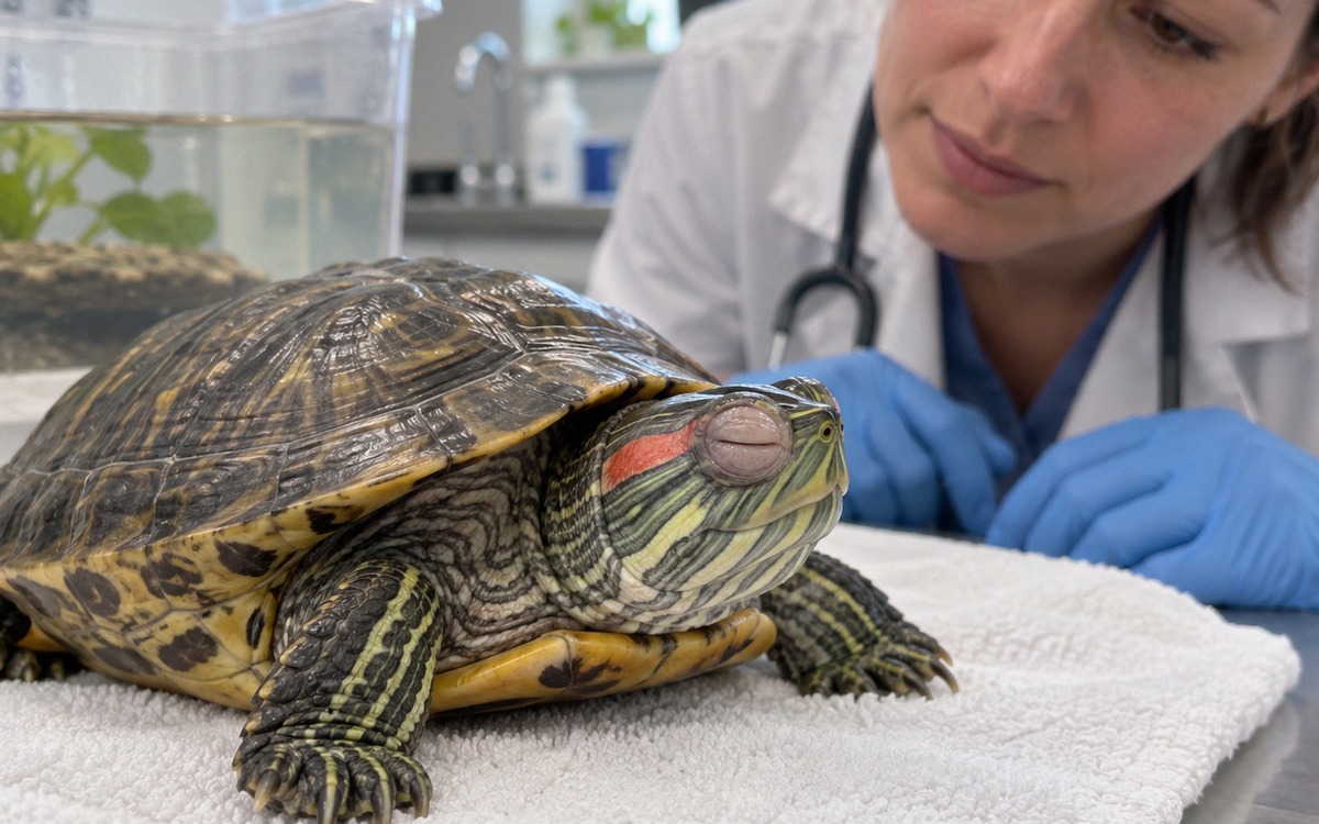 Photorealistic veterinary care scene: a red-eared slider turtle with mildly swollen closed eyelids r