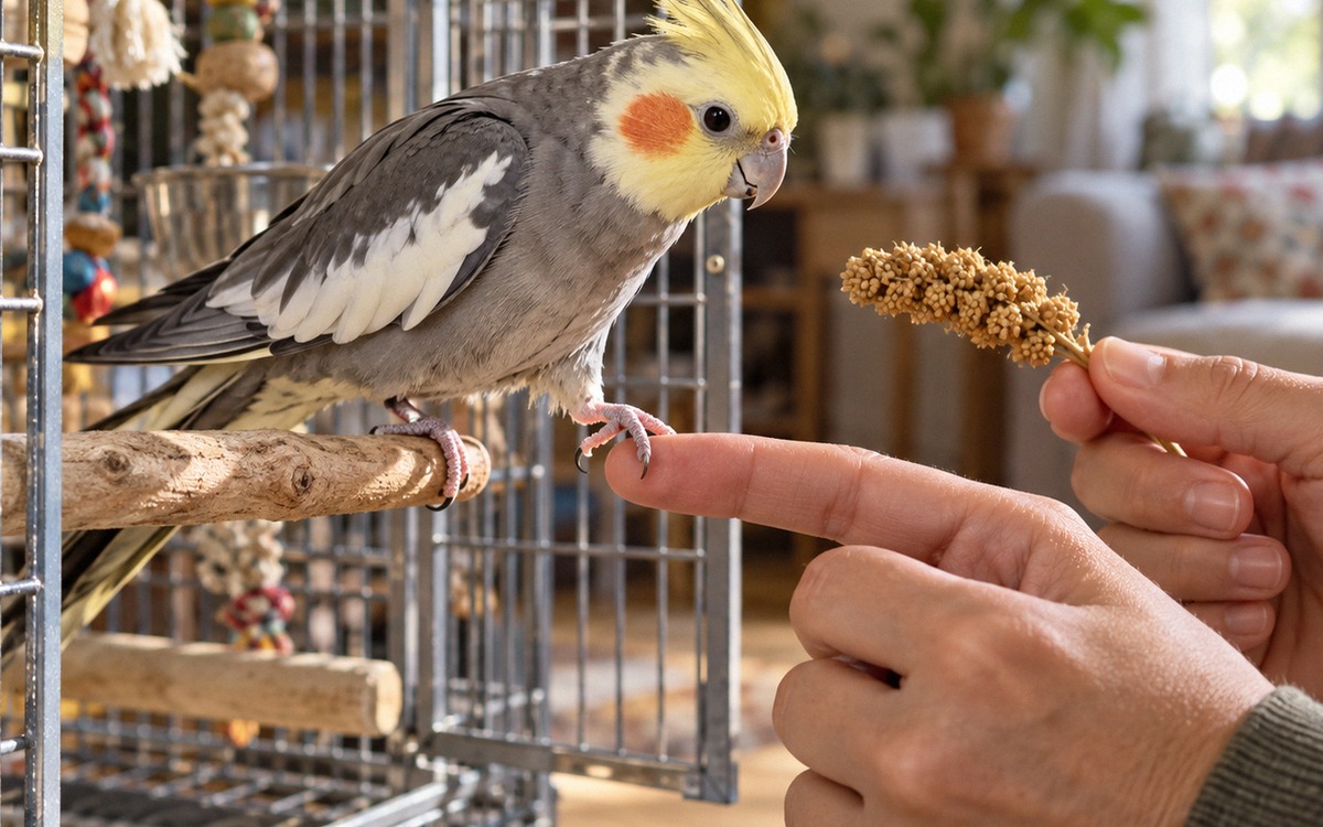 Close natural photograph of a tame cockatiel carefully stepping from a wooden perch onto an adult pe