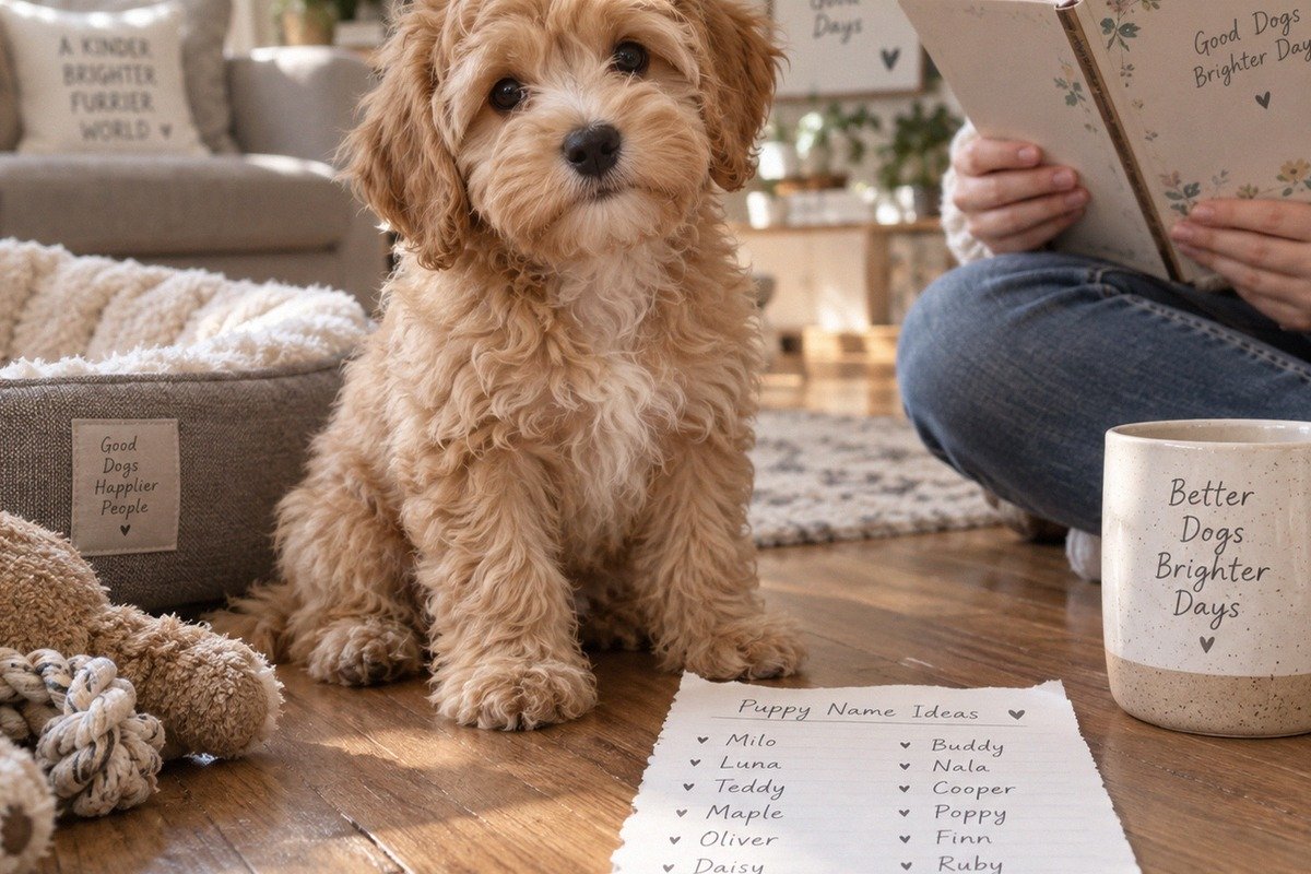A fluffy apricot maltipoo puppy sitting attentively beside a small handwritten list of dog name idea