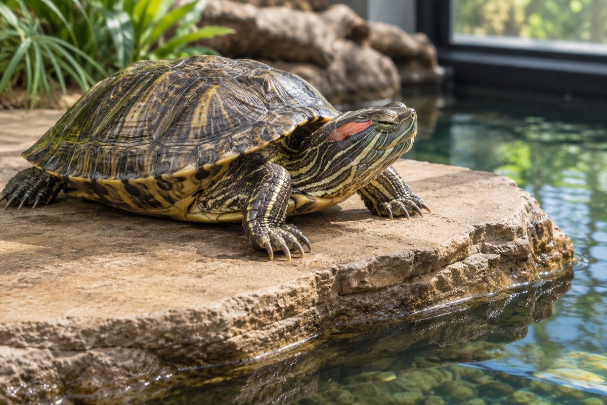 Photorealistic editorial veterinary photograph of an adult red-eared slider turtle with mildly swoll