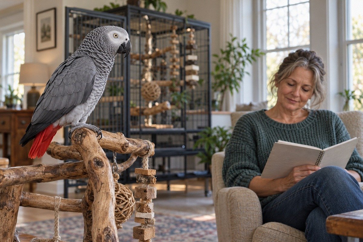 Photorealistic editorial photograph for a responsible African grey parrot care article. An adult Con